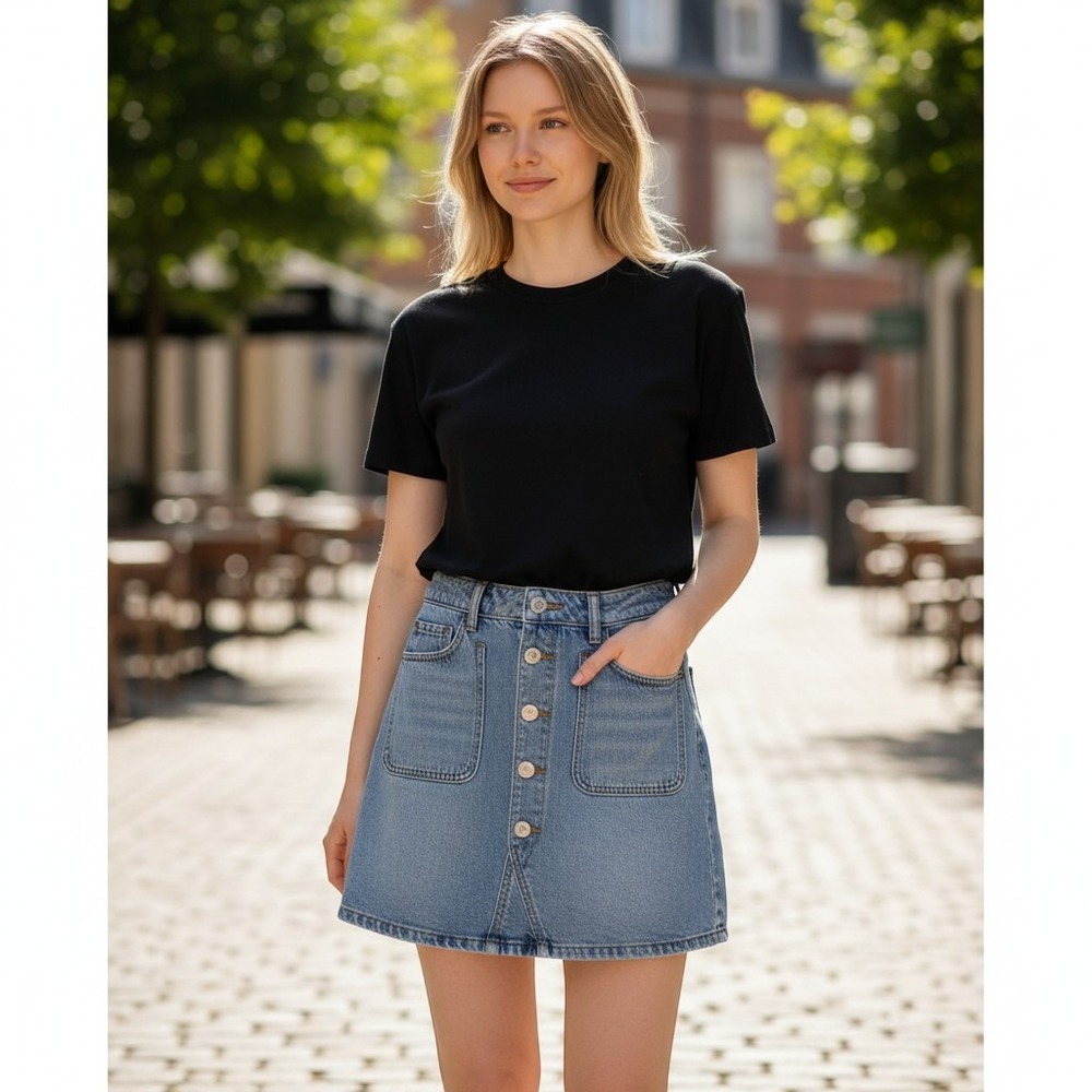 PacSun‎ Women Blue Denim Button Front Mini Skirt Medium Wash High Rise Size 25